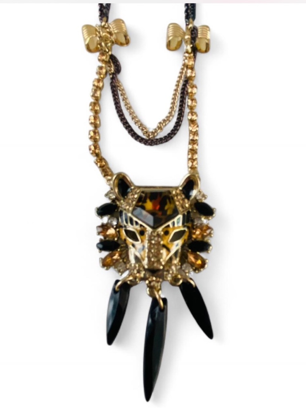 RARE BETSEY JOHNSON LEOPARD
PENDANT BOW LAYERED CHAIN STATEMENT NECKLACE